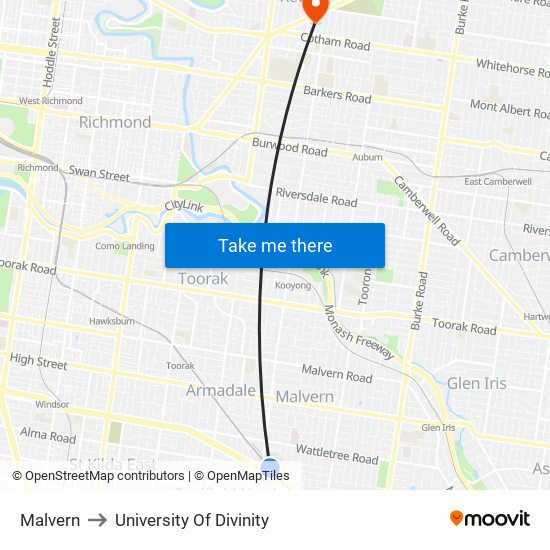 Malvern to University Of Divinity map