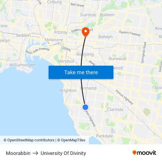Moorabbin to University Of Divinity map