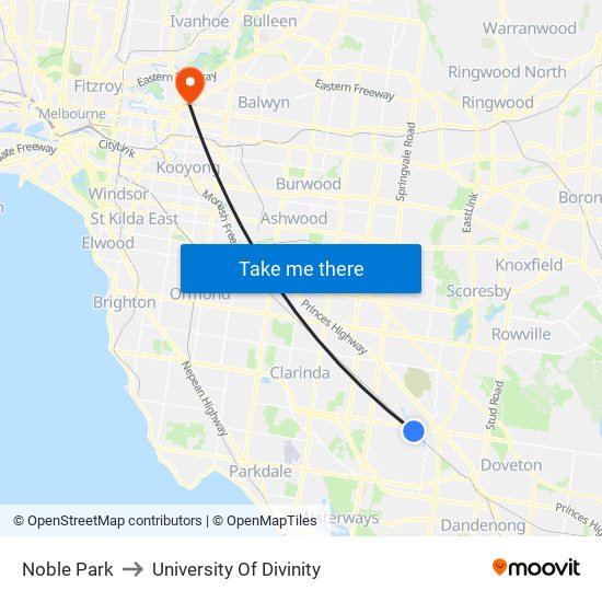 Noble Park to University Of Divinity map