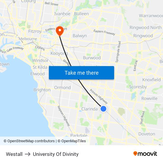 Westall to University Of Divinity map