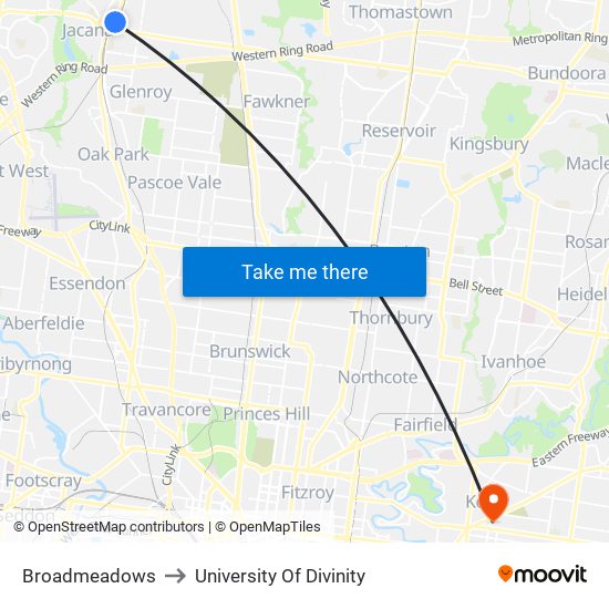 Broadmeadows to University Of Divinity map