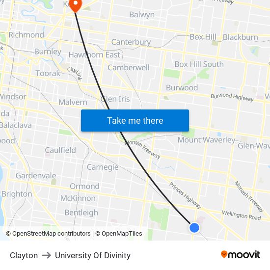 Clayton to University Of Divinity map