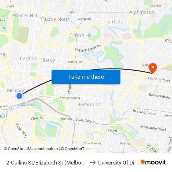 2-Collins St/Elizabeth St (Melbourne City) to University Of Divinity map