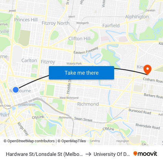 Hardware St/Lonsdale St (Melbourne City) to University Of Divinity map