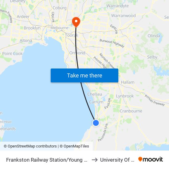 Frankston Railway Station/Young St (Frankston) to University Of Divinity map