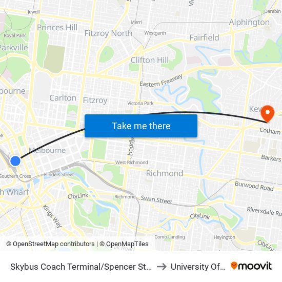 Skybus Coach Terminal/Spencer St (Melbourne City) to University Of Divinity map