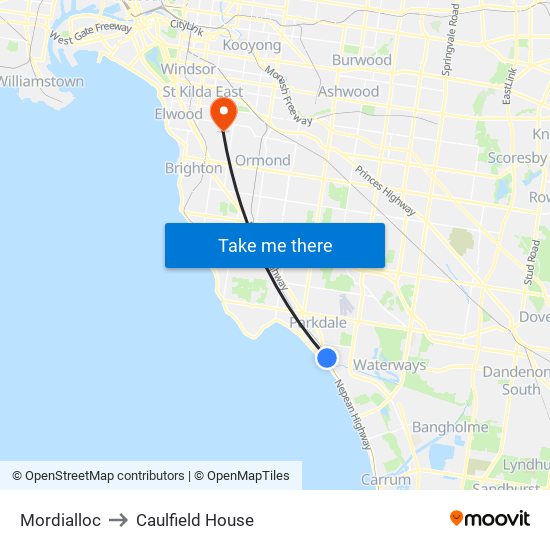 Mordialloc to Caulfield House map