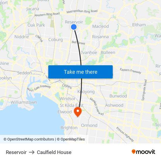 Reservoir to Caulfield House map