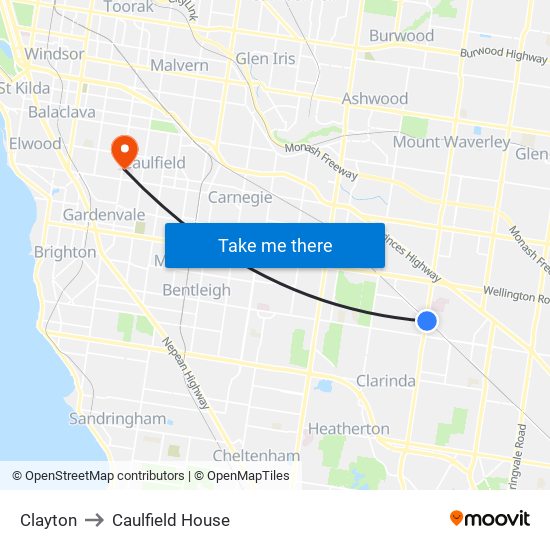 Clayton to Caulfield House map