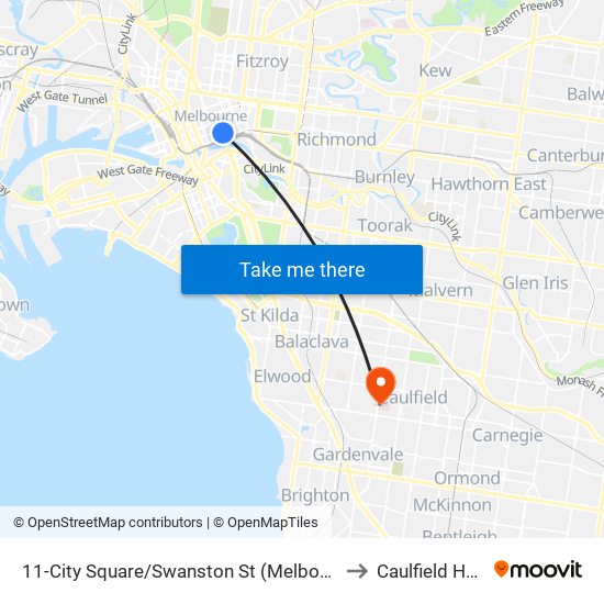 11-City Square/Swanston St (Melbourne City) to Caulfield House map