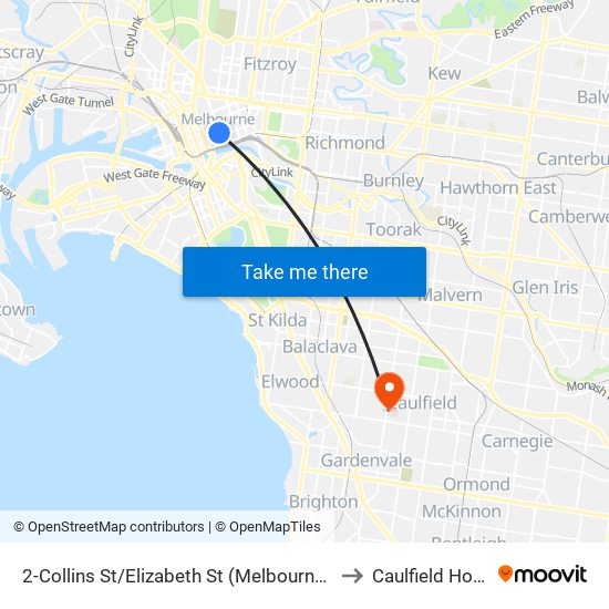 2-Collins St/Elizabeth St (Melbourne City) to Caulfield House map