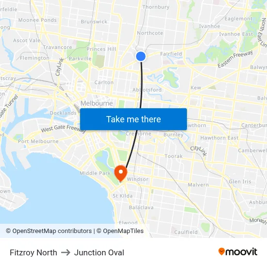 Fitzroy North to Junction Oval map