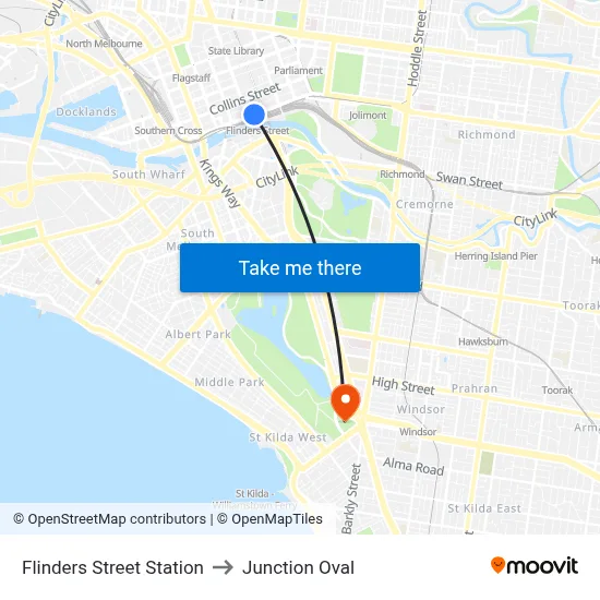 Flinders Street Station to Junction Oval map