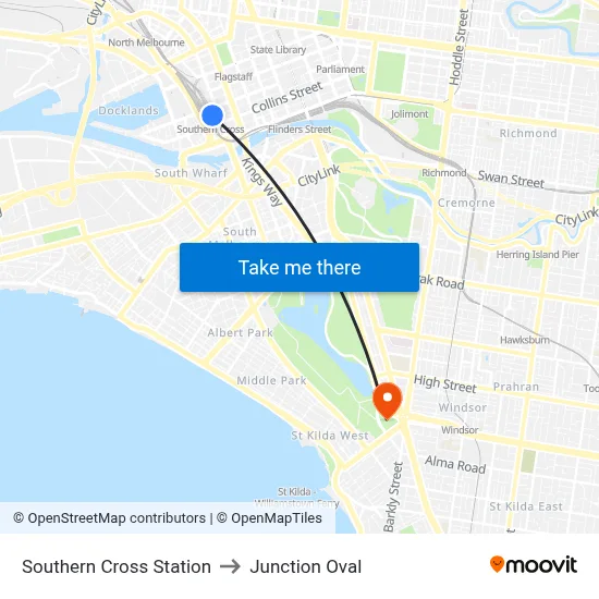 Southern Cross Station to Junction Oval map