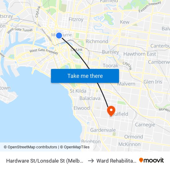 Hardware St/Lonsdale St (Melbourne City) to Ward Rehabilitation C map