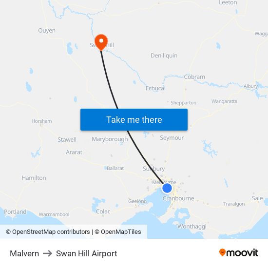 Malvern to Swan Hill Airport map