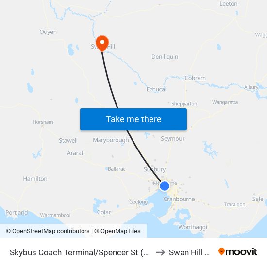 Skybus Coach Terminal/Spencer St (Melbourne City) to Swan Hill Airport map