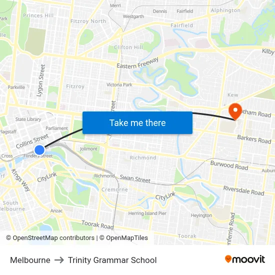 Melbourne to Trinity Grammar School map