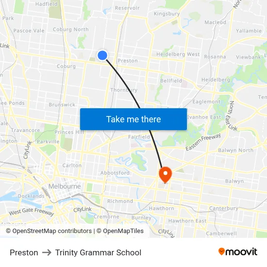 Preston to Trinity Grammar School map