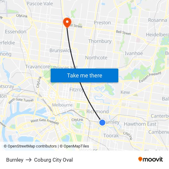 Burnley to Coburg City Oval map