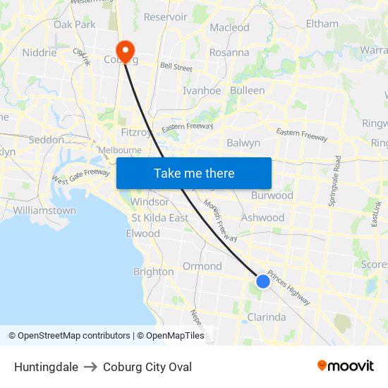 Huntingdale to Coburg City Oval map
