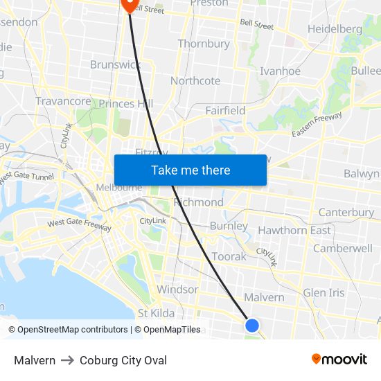 Malvern to Coburg City Oval map