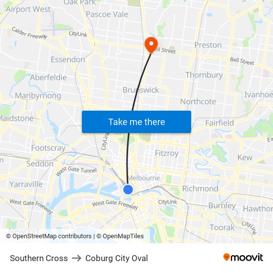 Southern Cross to Coburg City Oval map