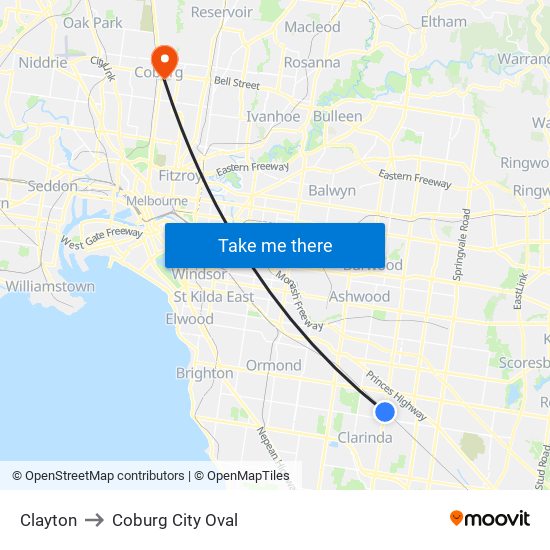 Clayton to Coburg City Oval map