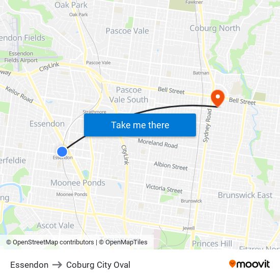 Essendon to Coburg City Oval map