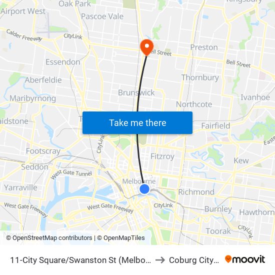 11-City Square/Swanston St (Melbourne City) to Coburg City Oval map