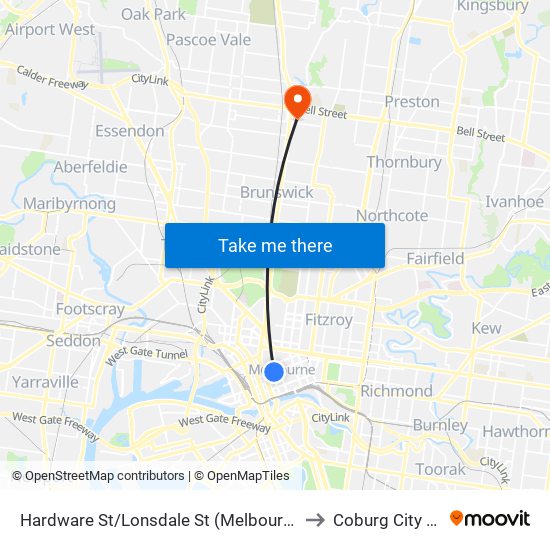 Hardware St/Lonsdale St (Melbourne City) to Coburg City Oval map