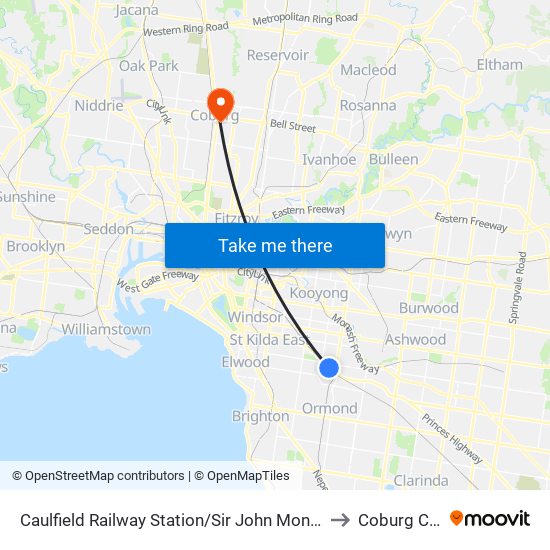 Caulfield Railway Station/Sir John Monash Dr (Caulfield East) to Coburg City Oval map