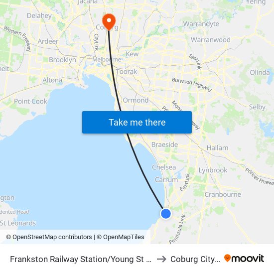 Frankston Railway Station/Young St (Frankston) to Coburg City Oval map