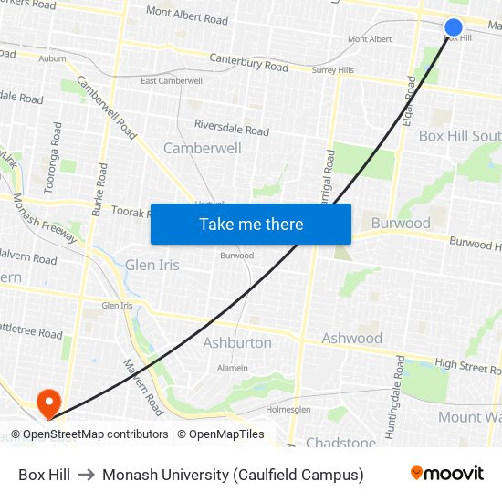 Box Hill to Monash University (Caulfield Campus) map