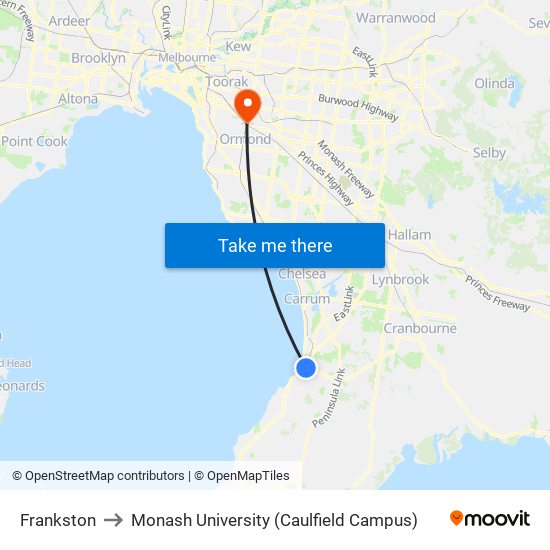 Frankston to Monash University (Caulfield Campus) map