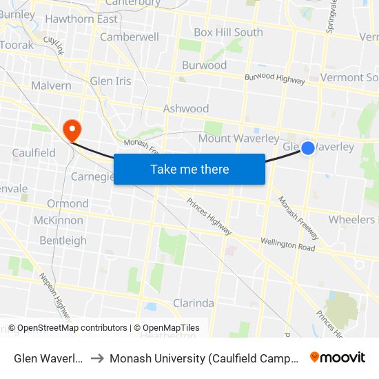 Glen Waverley to Monash University (Caulfield Campus) map