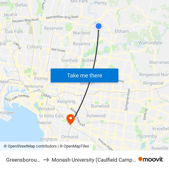 Greensborough to Monash University (Caulfield Campus) map