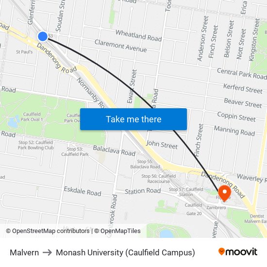 Malvern to Monash University (Caulfield Campus) map
