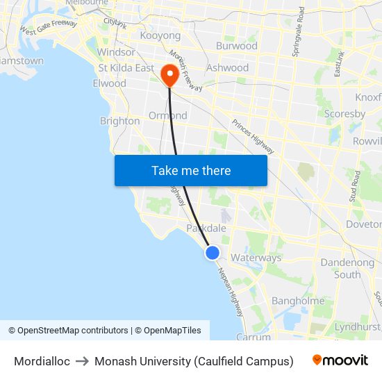 Mordialloc to Monash University (Caulfield Campus) map