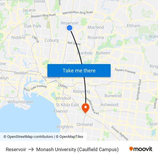 Reservoir to Monash University (Caulfield Campus) map