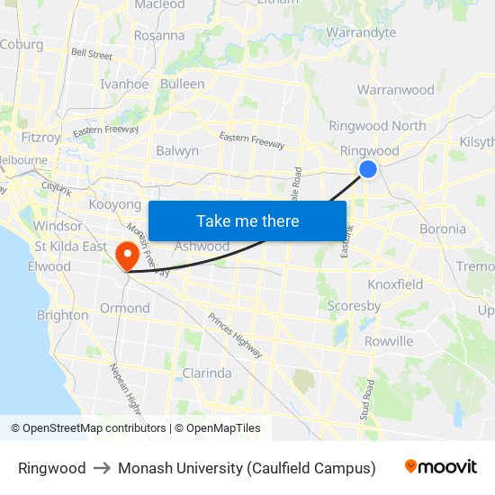 Ringwood to Monash University (Caulfield Campus) map