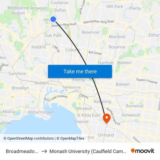 Broadmeadows to Monash University (Caulfield Campus) map