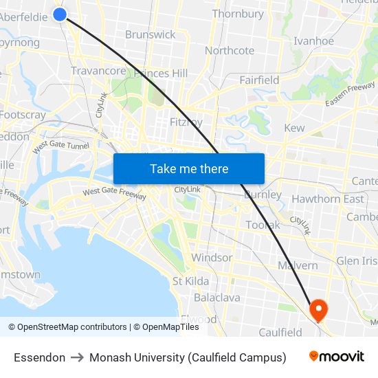 Essendon to Monash University (Caulfield Campus) map