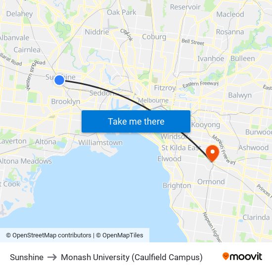 Sunshine to Monash University (Caulfield Campus) map