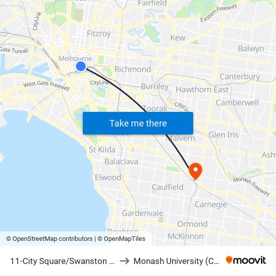 11-City Square/Swanston St (Melbourne City) to Monash University (Caulfield Campus) map
