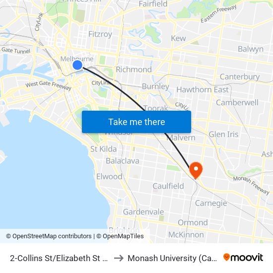 2-Collins St/Elizabeth St (Melbourne City) to Monash University (Caulfield Campus) map