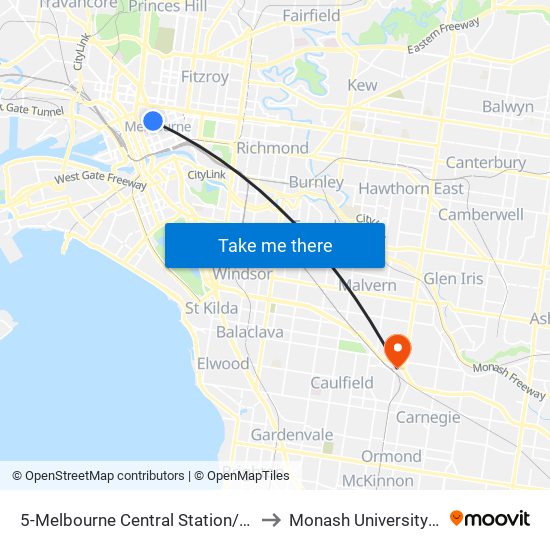 5-Melbourne Central Station/Elizabeth St (Melbourne City) to Monash University (Caulfield Campus) map