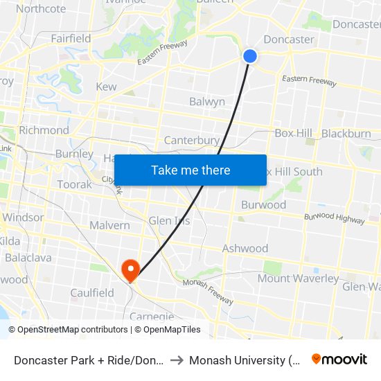 Doncaster Park + Ride/Doncaster Rd (Doncaster) to Monash University (Caulfield Campus) map