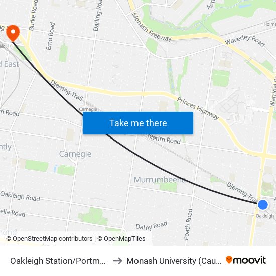 Oakleigh Station/Portman St (Oakleigh) to Monash University (Caulfield Campus) map