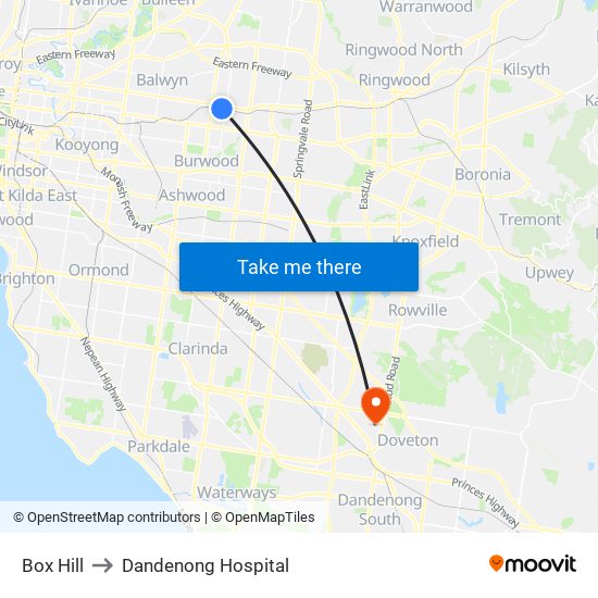 Box Hill to Dandenong Hospital map
